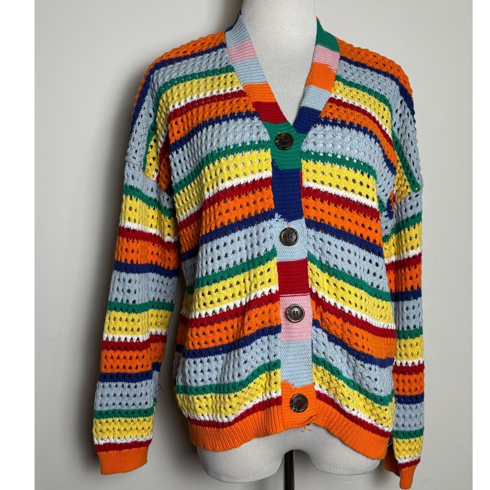 Womens Crochet Cotton Cardigan Large Multicolor Stripe Boho Festival Maximalist